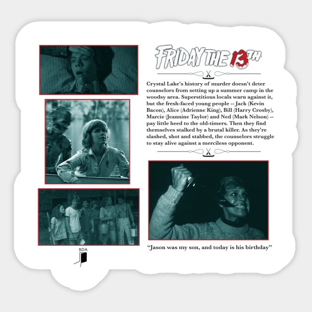 Friday the 13th (1980) Synopsis Design Sticker by Black Door Apparel 